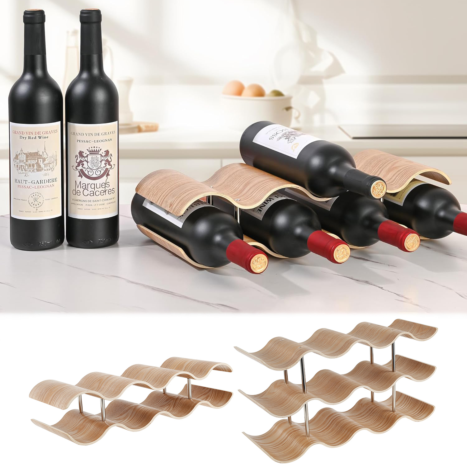 Kitchen Appliances Shelves - 2/3-Tier Wooden Wine Rack Wavy Wine